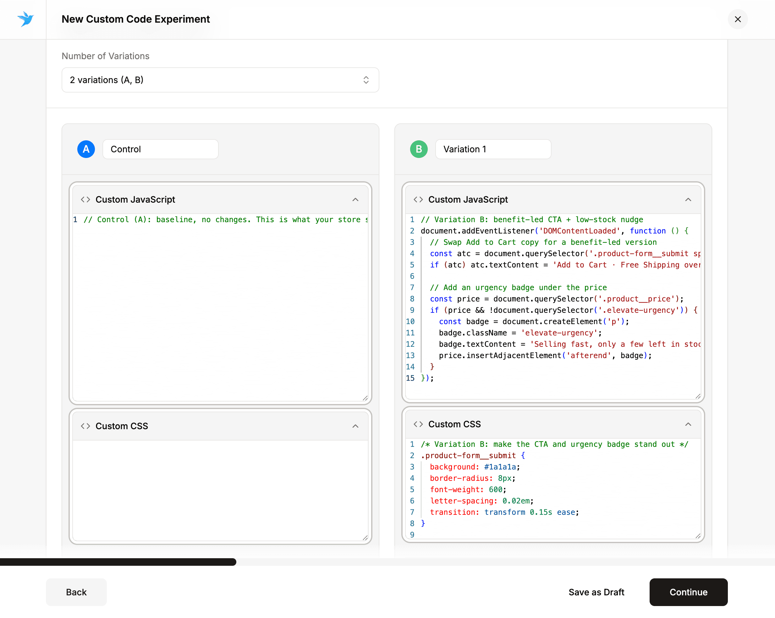 Elevate A/B Testing a custom JavaScript and CSS variation