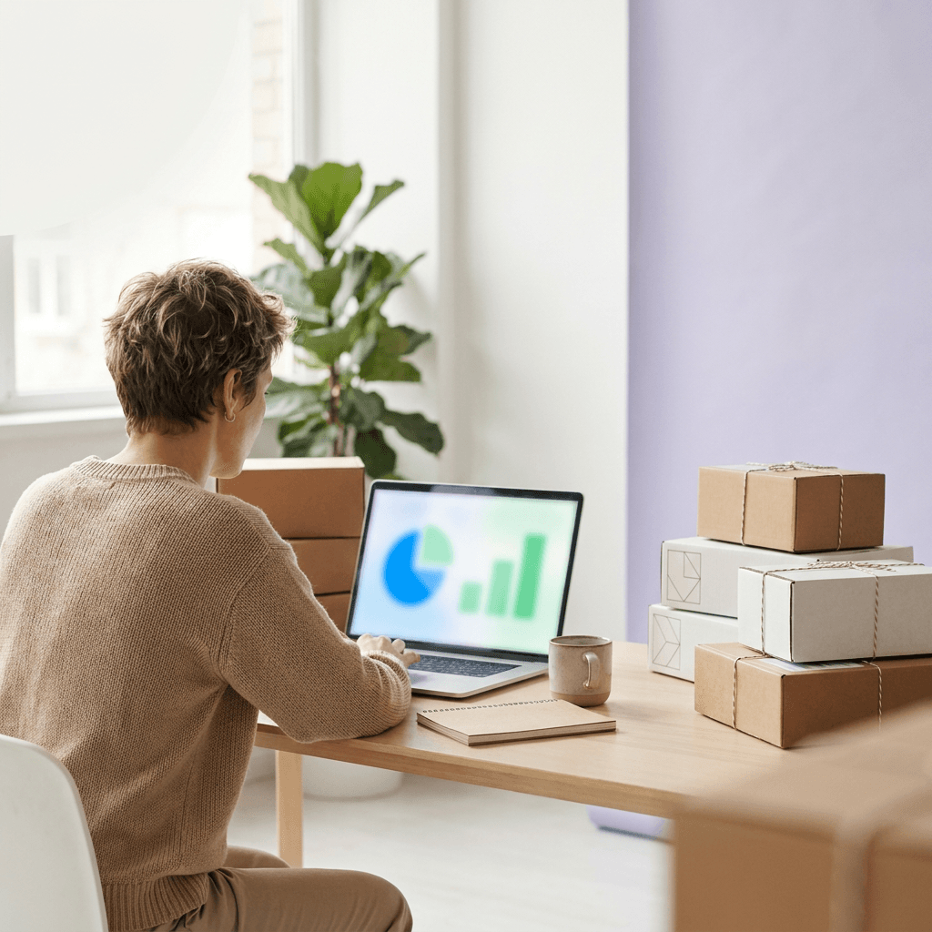 Store owner reviewing analytics on a laptop beside stacks of shipping boxes