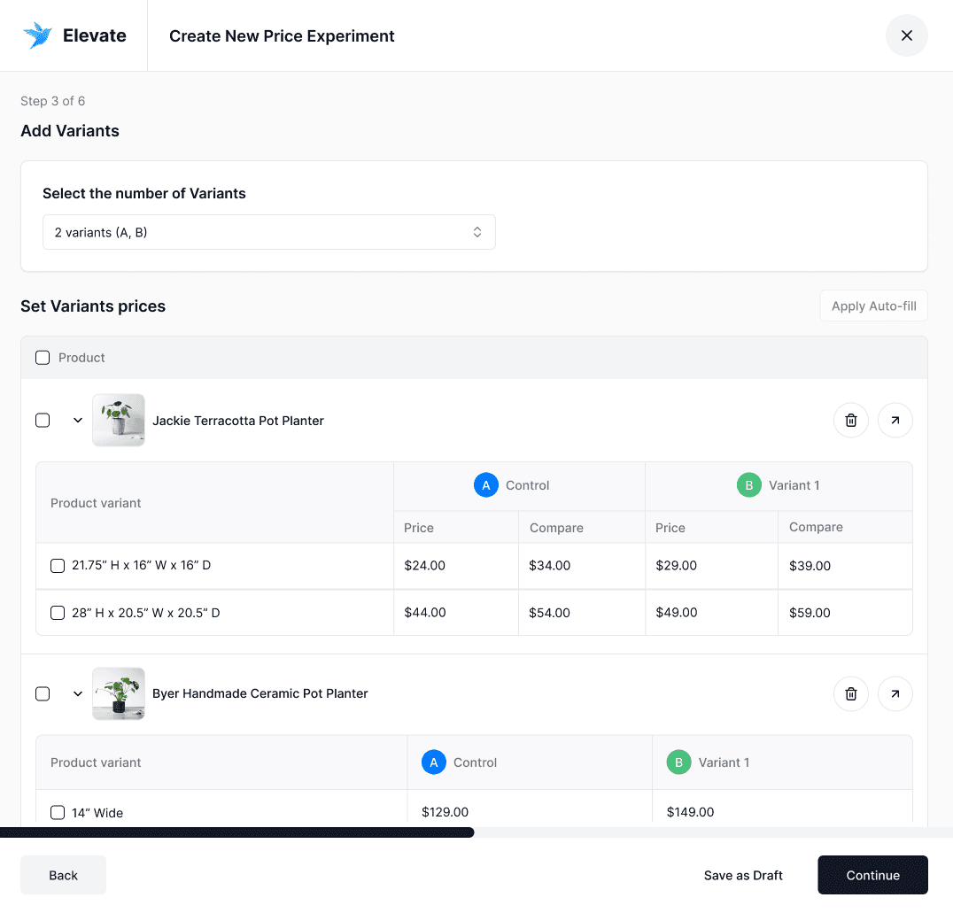 Elevate A/B Testing creating a shopify price experiment