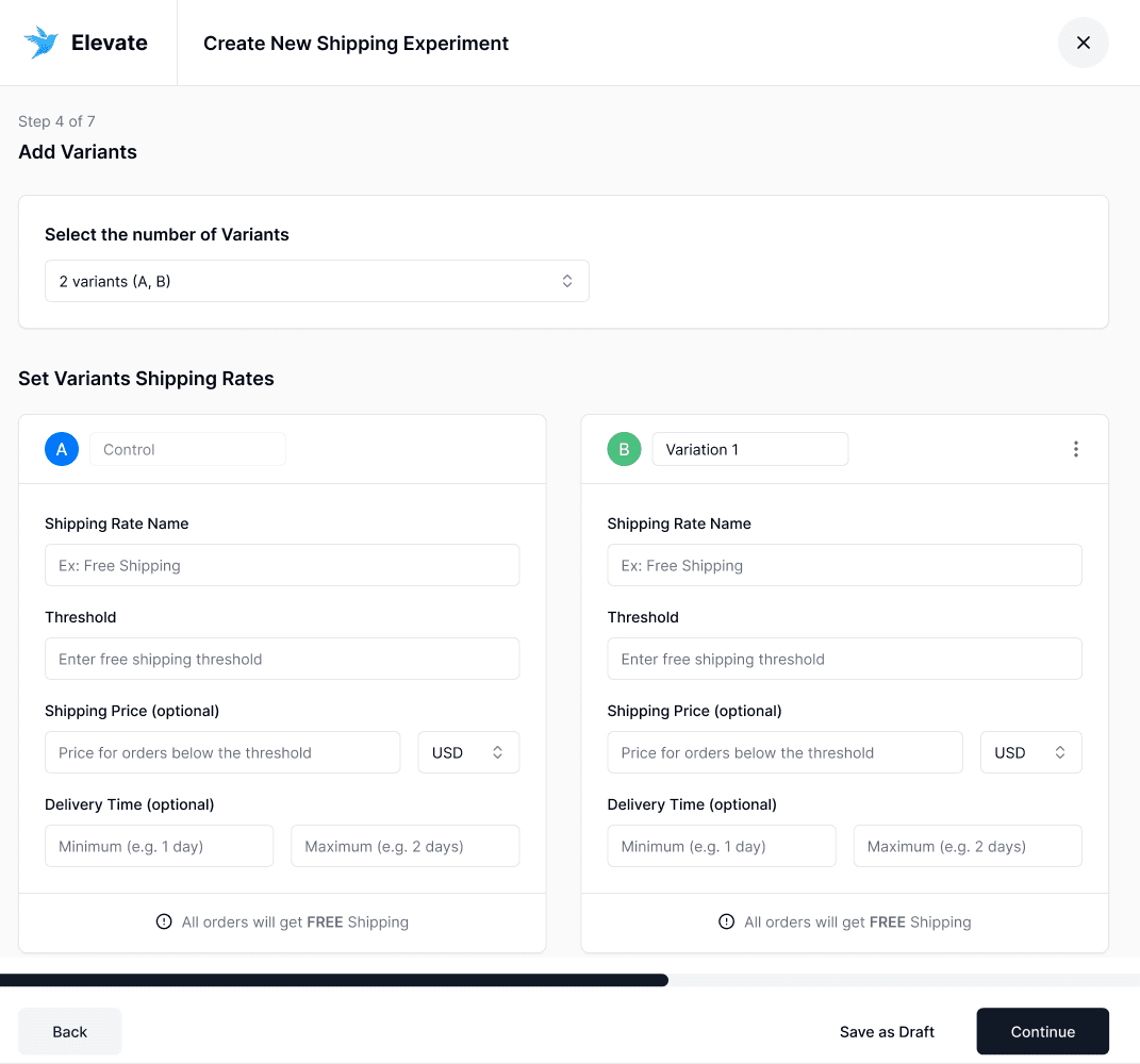 Elevate A/B Testing creating a shopify shipping test