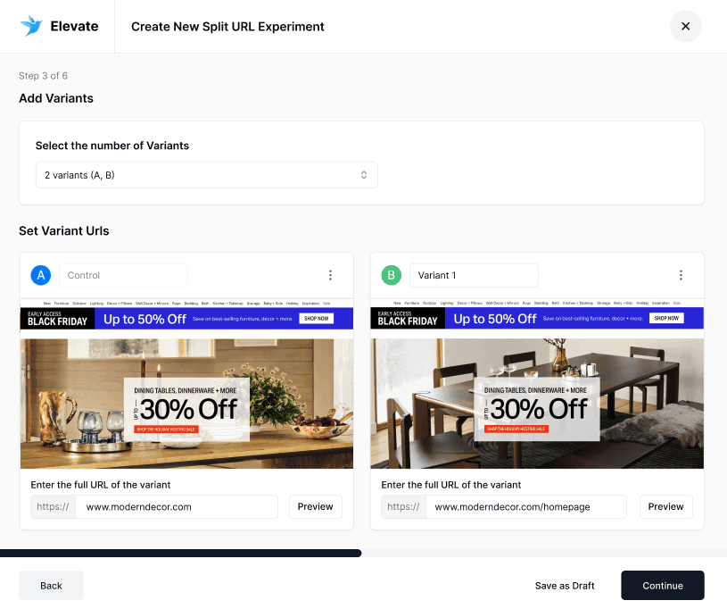 Elevate A/B Testing creating a shopify split url test