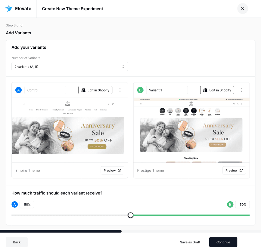 Elevate A/B Testing creating a shopify theme test